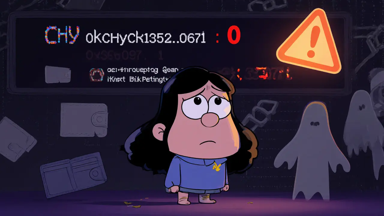 Character looks worried by a dark ledger showing CHY token with <h2>Comparison: CHY vs. Other Charitable Tokens</h2> price and broken links.