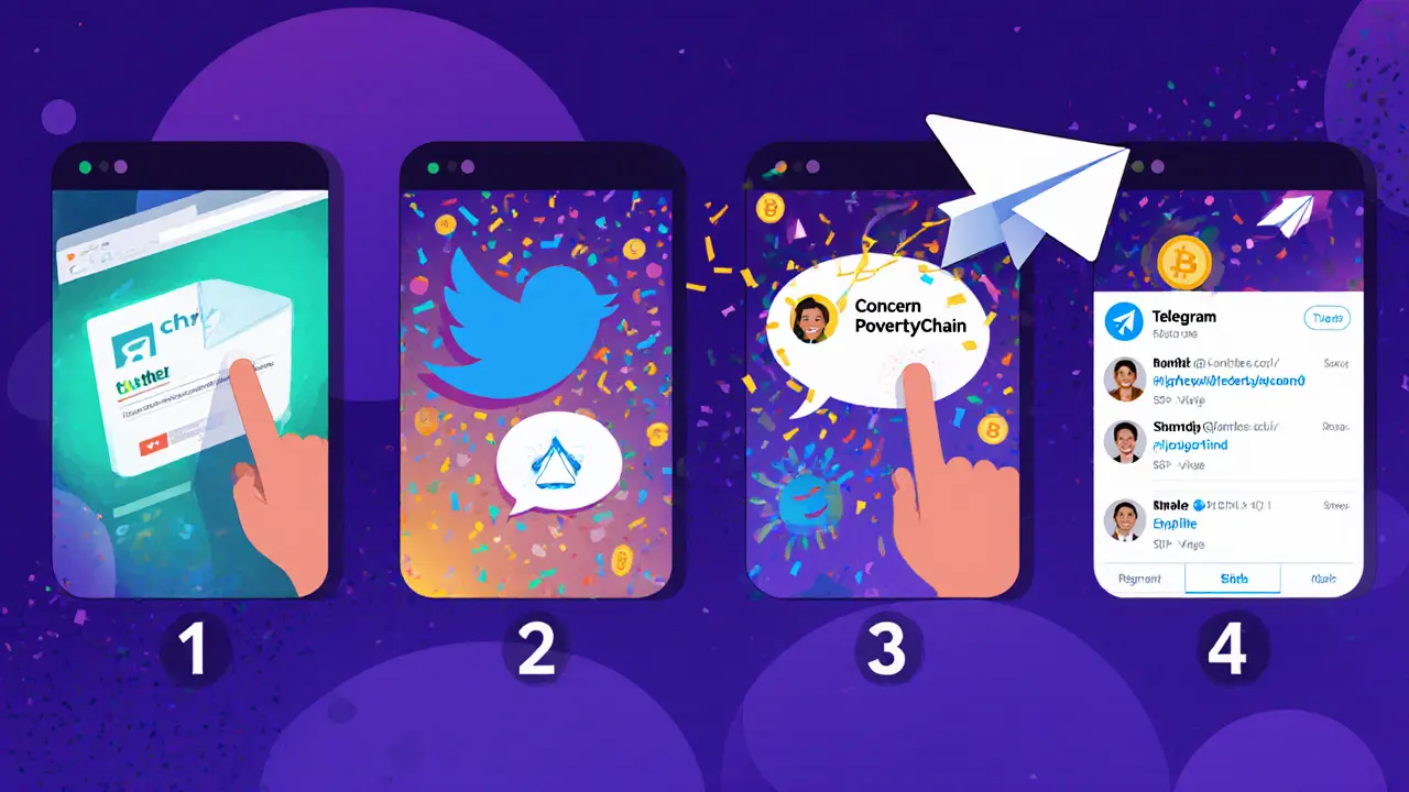 Montage of steps: adding CHY to watchlist, following Twitter, joining Telegram, retweeting.