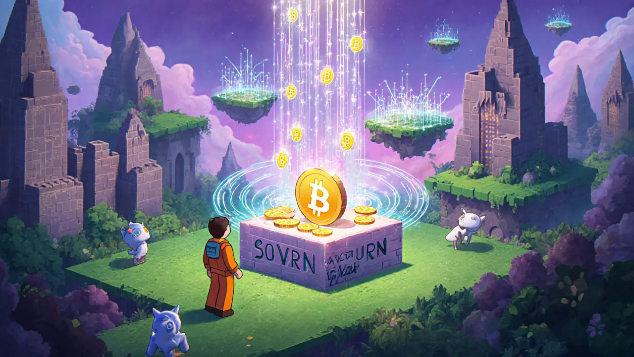 Pixar‑style autonomous world with a developer staking SOVRN tokens at a glowing altar.