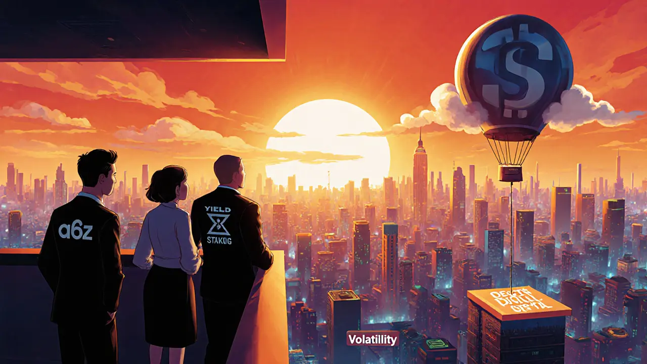 Pixar‑style sunrise over a game portal city with a rising SOVRN token and investor silhouettes.