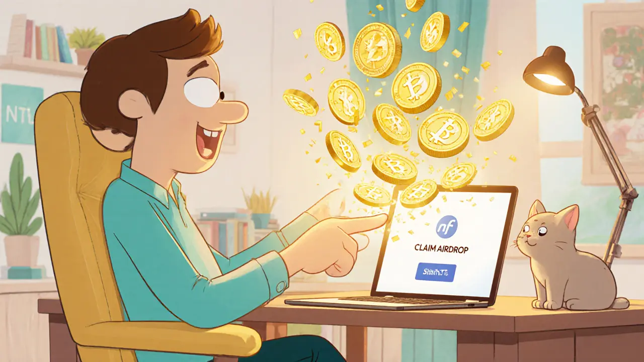 User clicks claim, NFTL tokens pop up on screen, celebrating the airdrop.