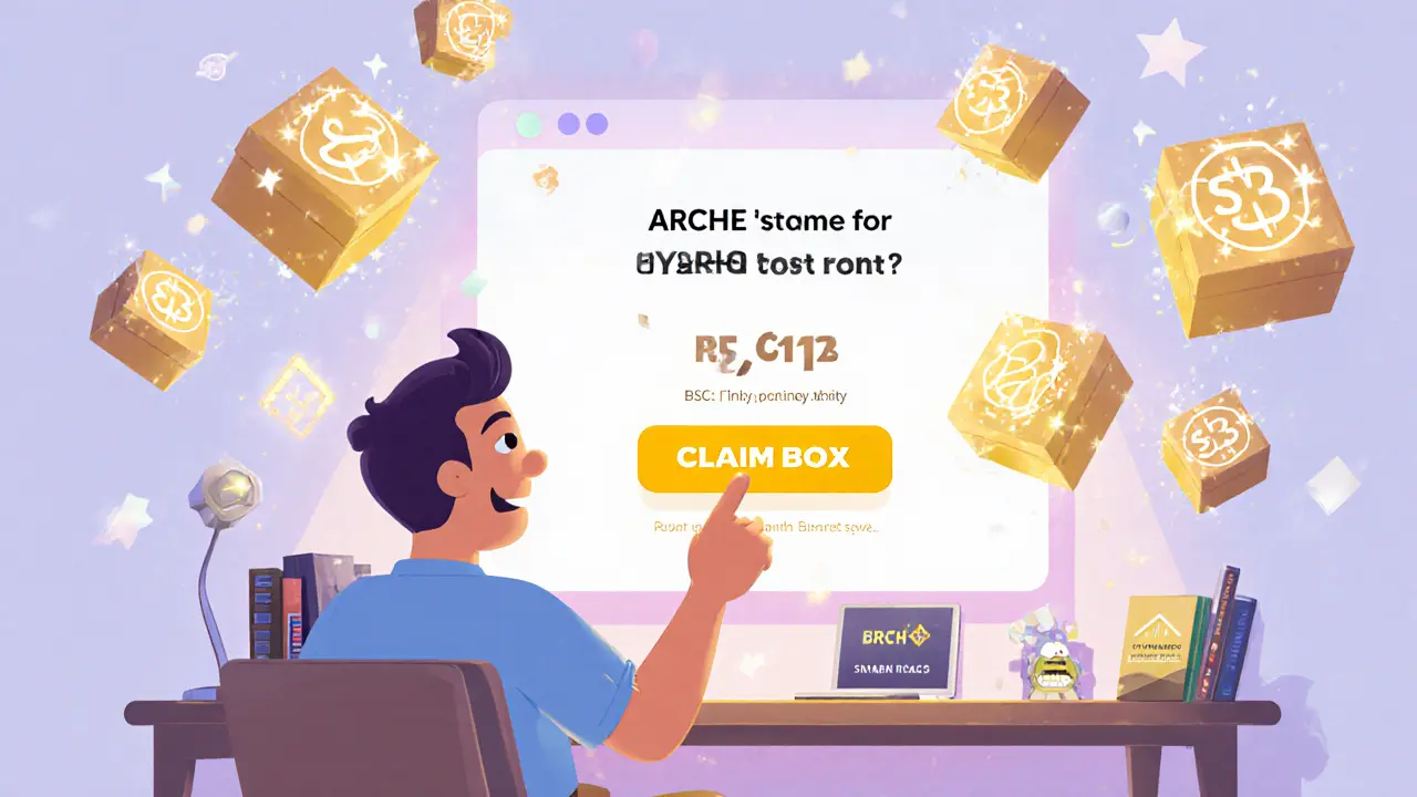 Cartoon avatar clicking a claim button with floating mystery NFT boxes and Binance logo.