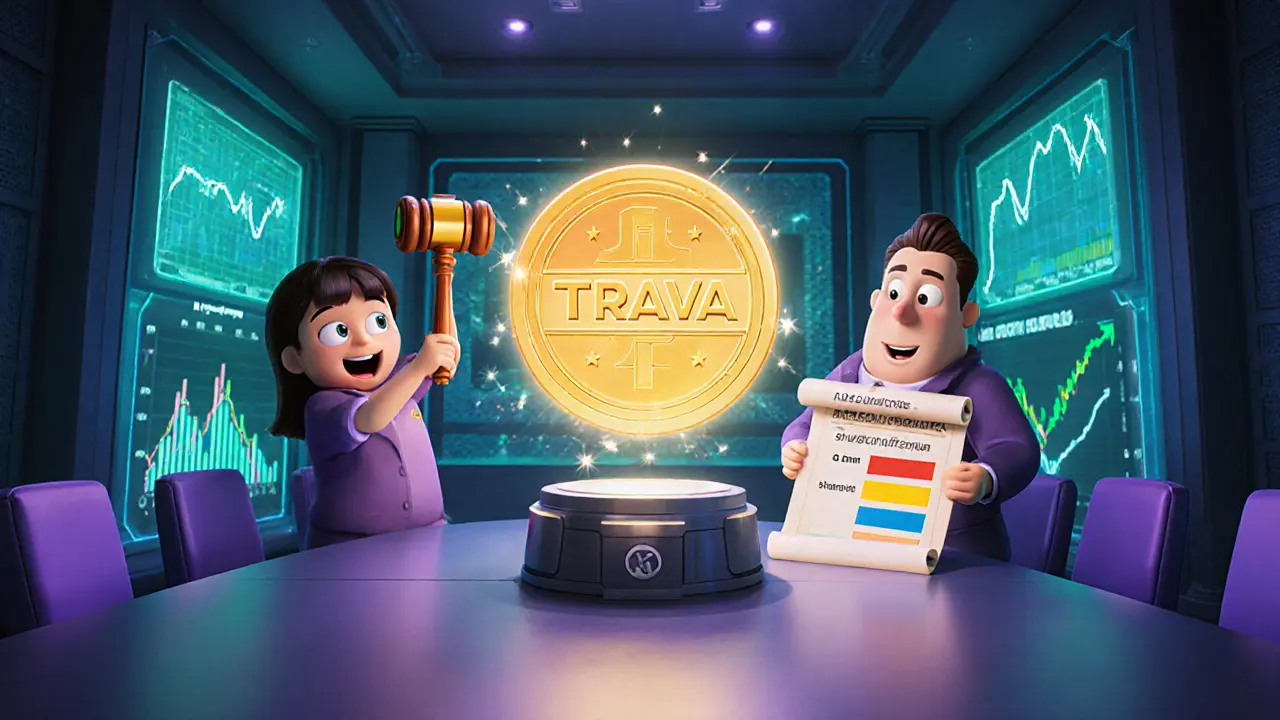 Cartoon characters around a glowing TRAVA coin showing governance, staking, and credit scoring.
