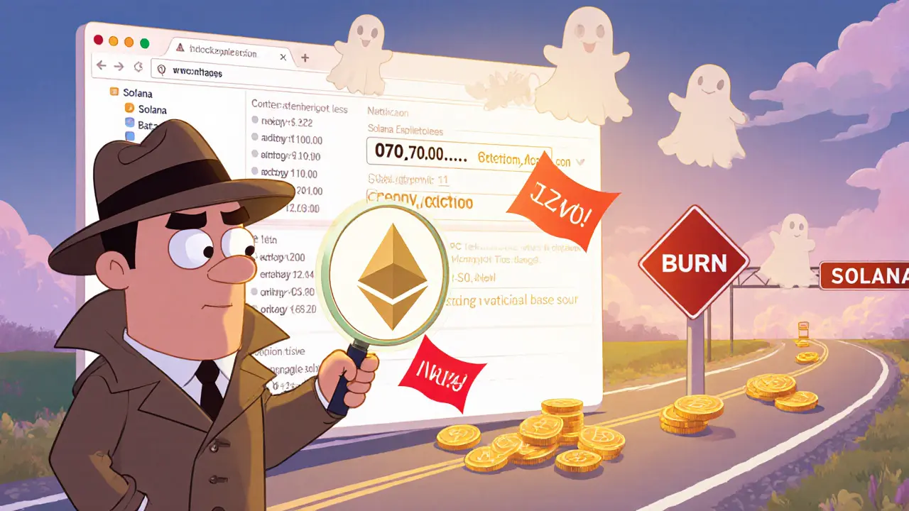 Cartoon detective inspecting contract addresses with red flag warnings.