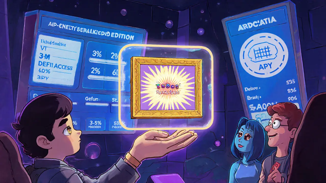 Collector holding a glowing gold‑framed NFT hologram with staking dashboard nearby.