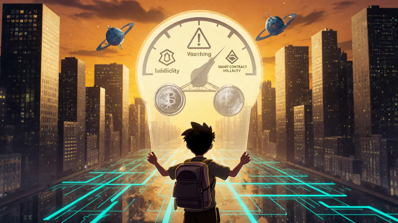 Explorer with a glowing wallet bridging BNB and ETH, risk gauge hovering above in a digital marketplace.