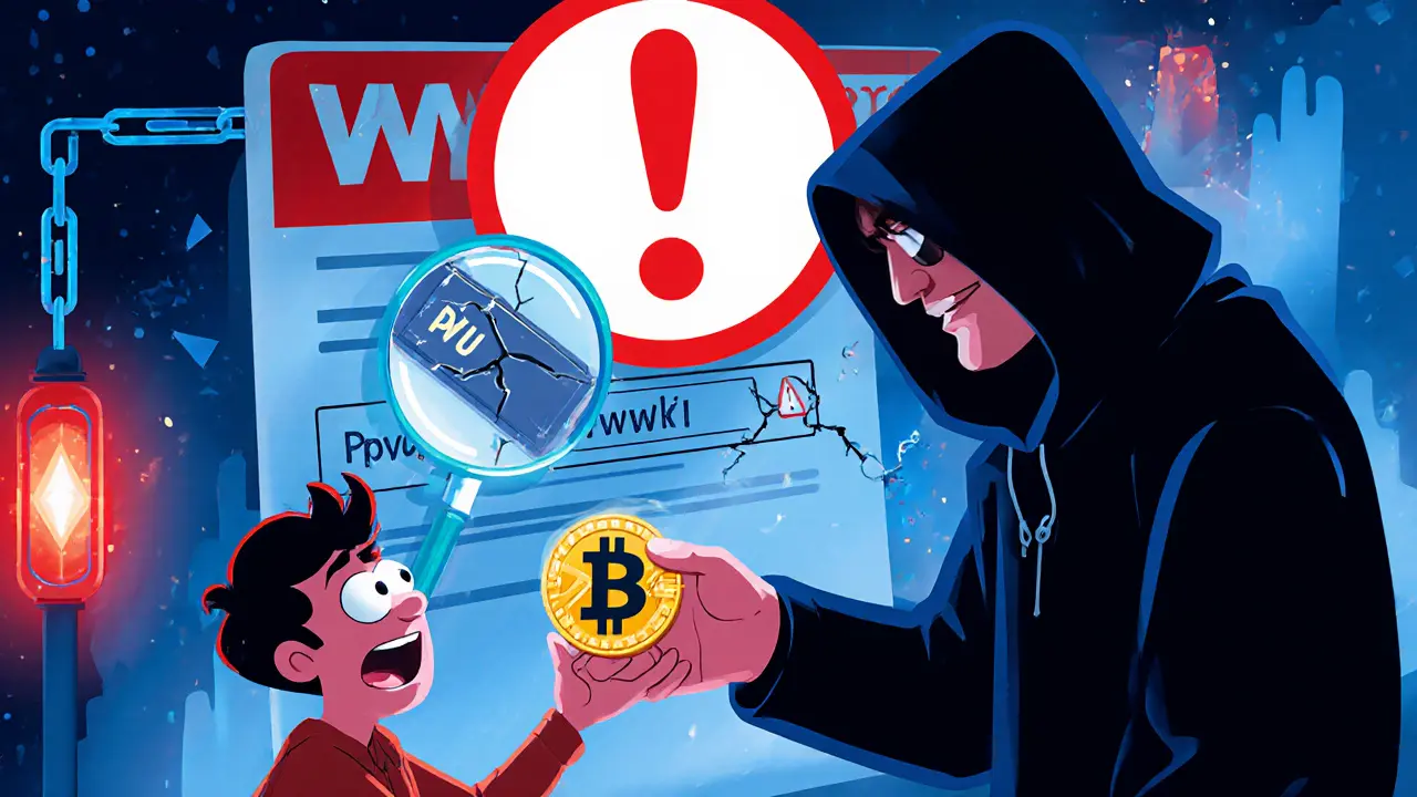 Shady figure offering PVU token while warning signs and magnifying glass highlight a scam.
