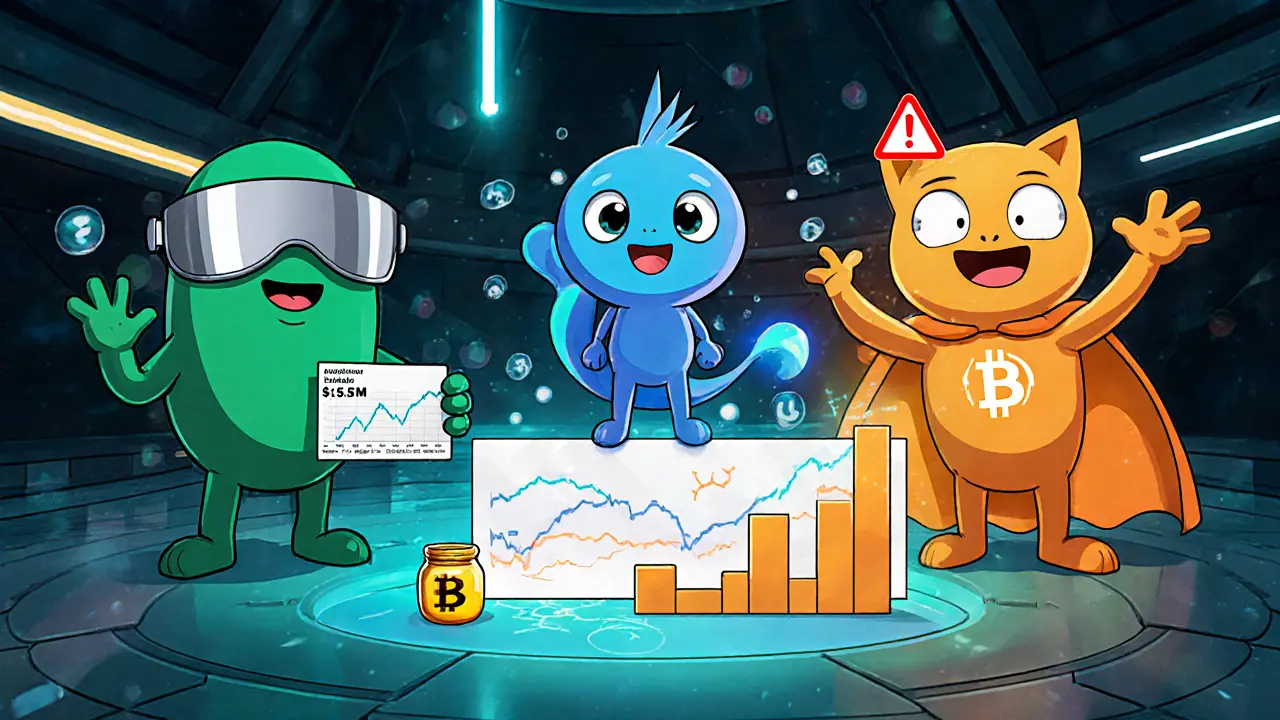 Three mascot characters representing GOONER variants with risk warnings.