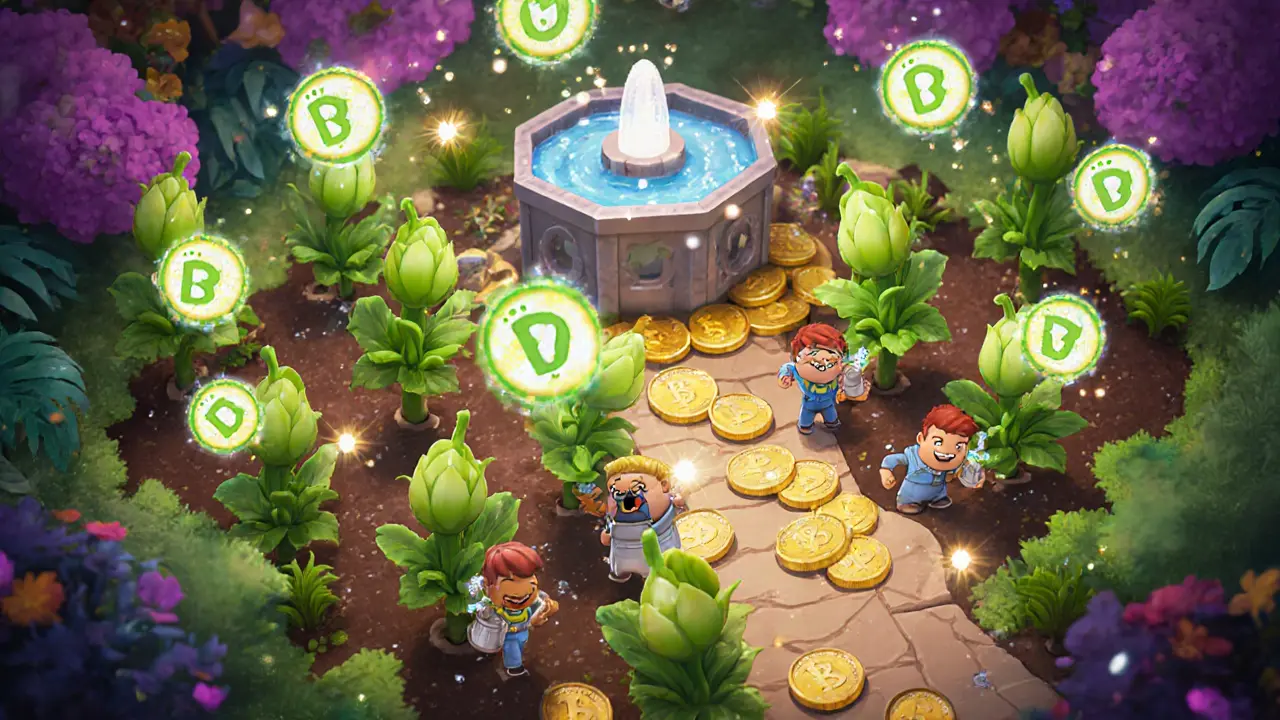 Whimsical garden with NFT plants, gardeners watering, and floating PVU tokens.