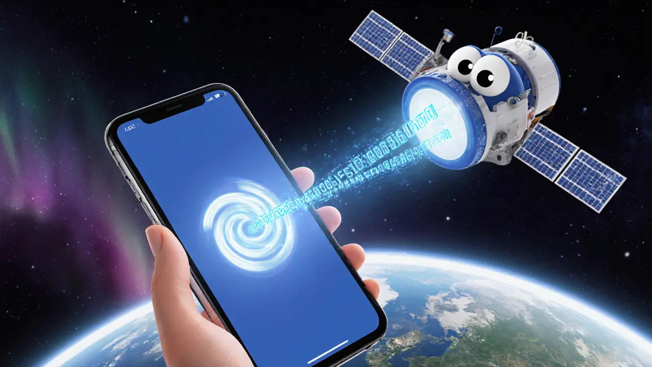 Animated character holds a phone showing 2FA code while a cute satellite beams data from space.