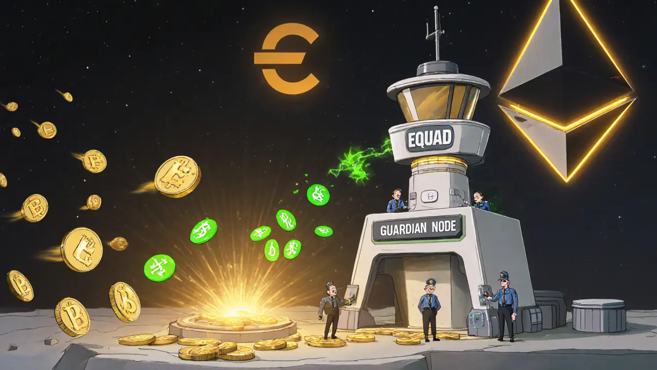 Cartoon of EQUAD coins converting to QUAD tokens near a guardian node and Ethereum anchor.
