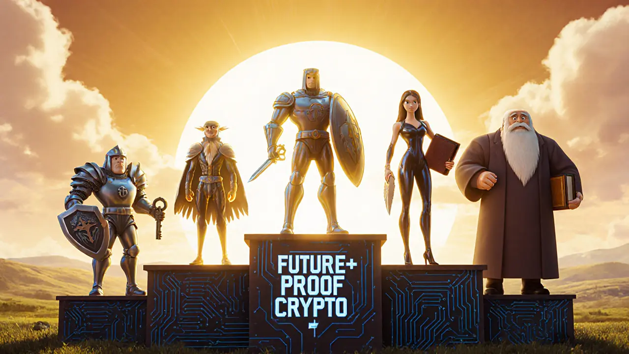 Four quantum‑resistant algorithms personified as heroic Pixar characters on a podium.