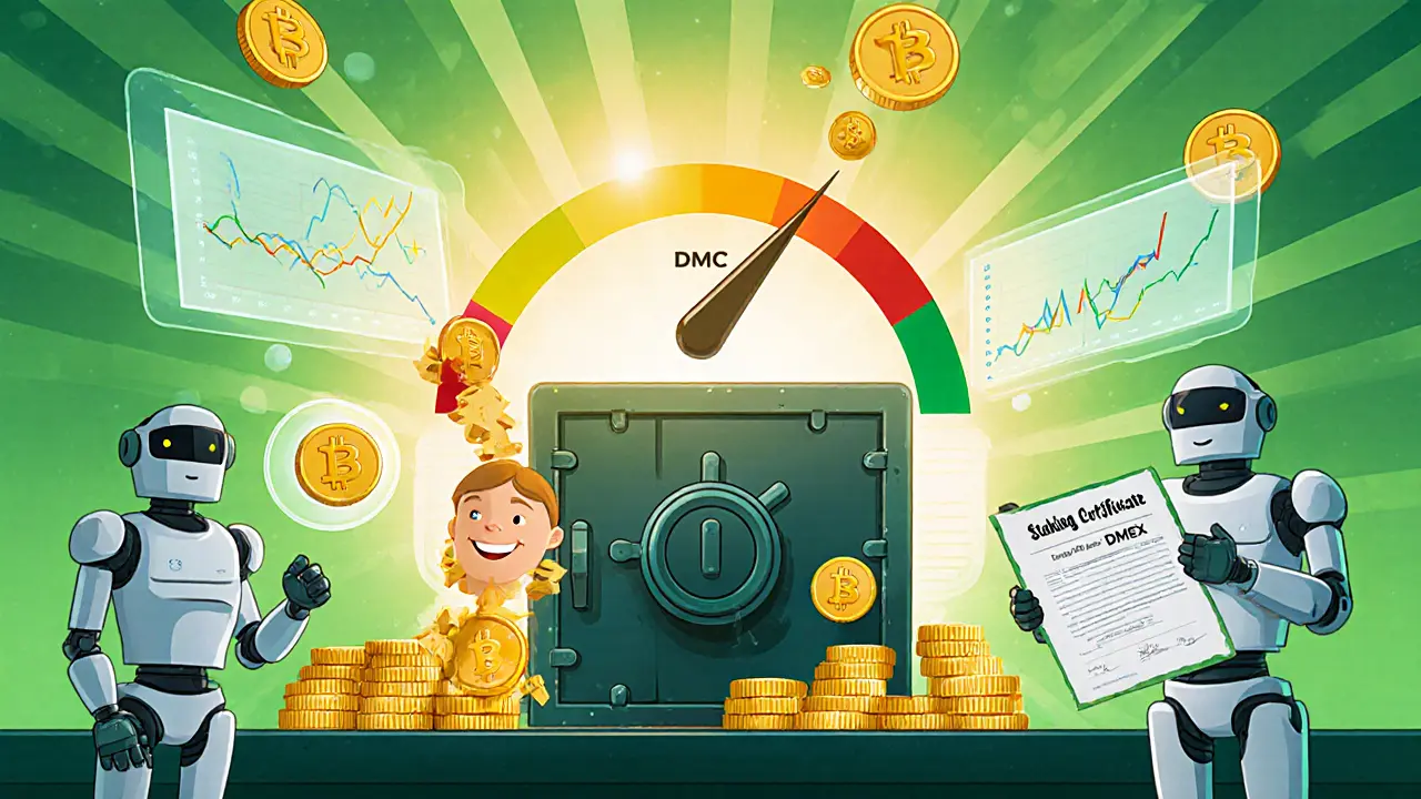 Happy user staking DMC tokens, watching rewards gauge rise.