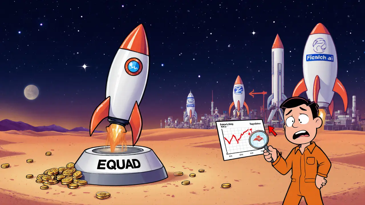 Illustration of a small EQUAD rocket attempting launch beside larger competitor rockets, showing market risk.