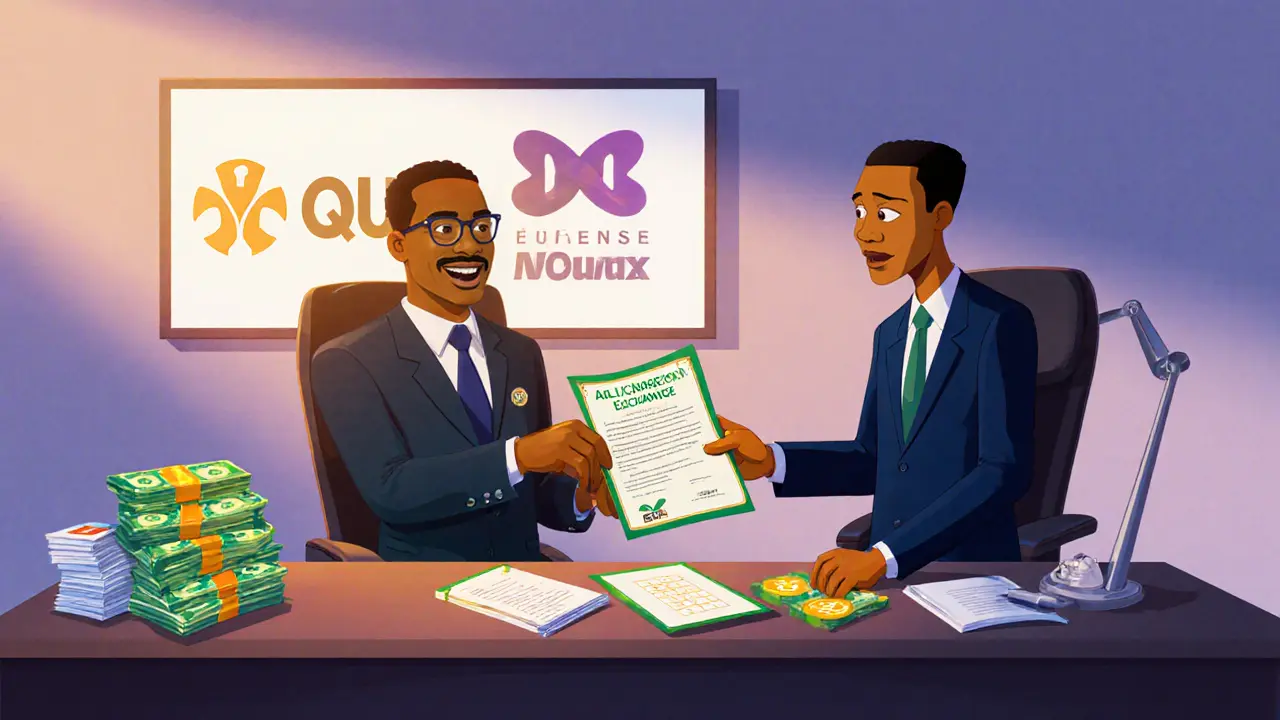 SEC office with regulator handing a licence to a crypto exchange representative amid paperwork.