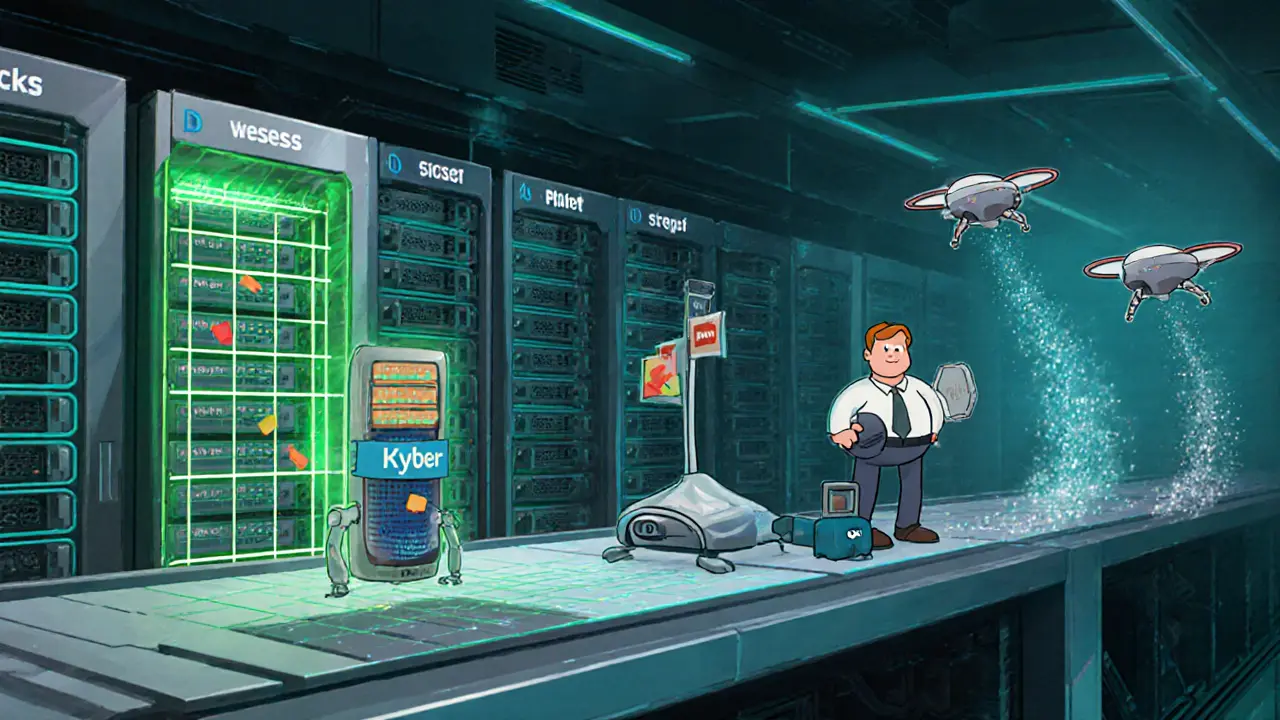 Three‑step migration pipeline shown as robots, test server, and drones in a data center.