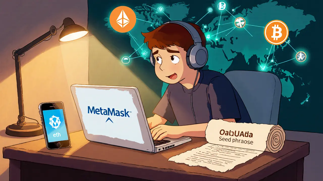 User setting up MetaMask and Trust Wallet with seed phrase on desk.