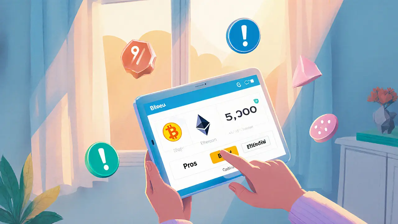Young user taps a tablet to buy Bitcoin on Biteeu, surrounded by pros and cons icons.