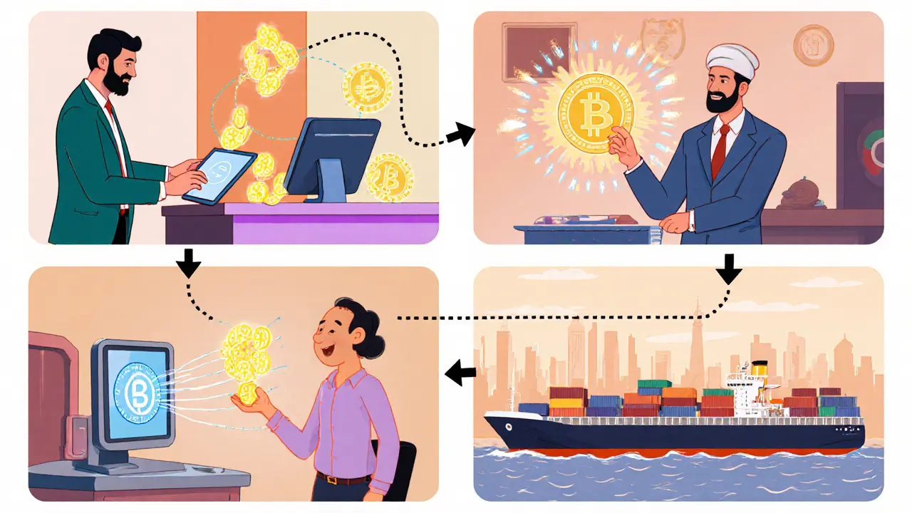 Animated flow shows Iranian buyer acquiring crypto, sending it abroad, and a supplier receiving payment.