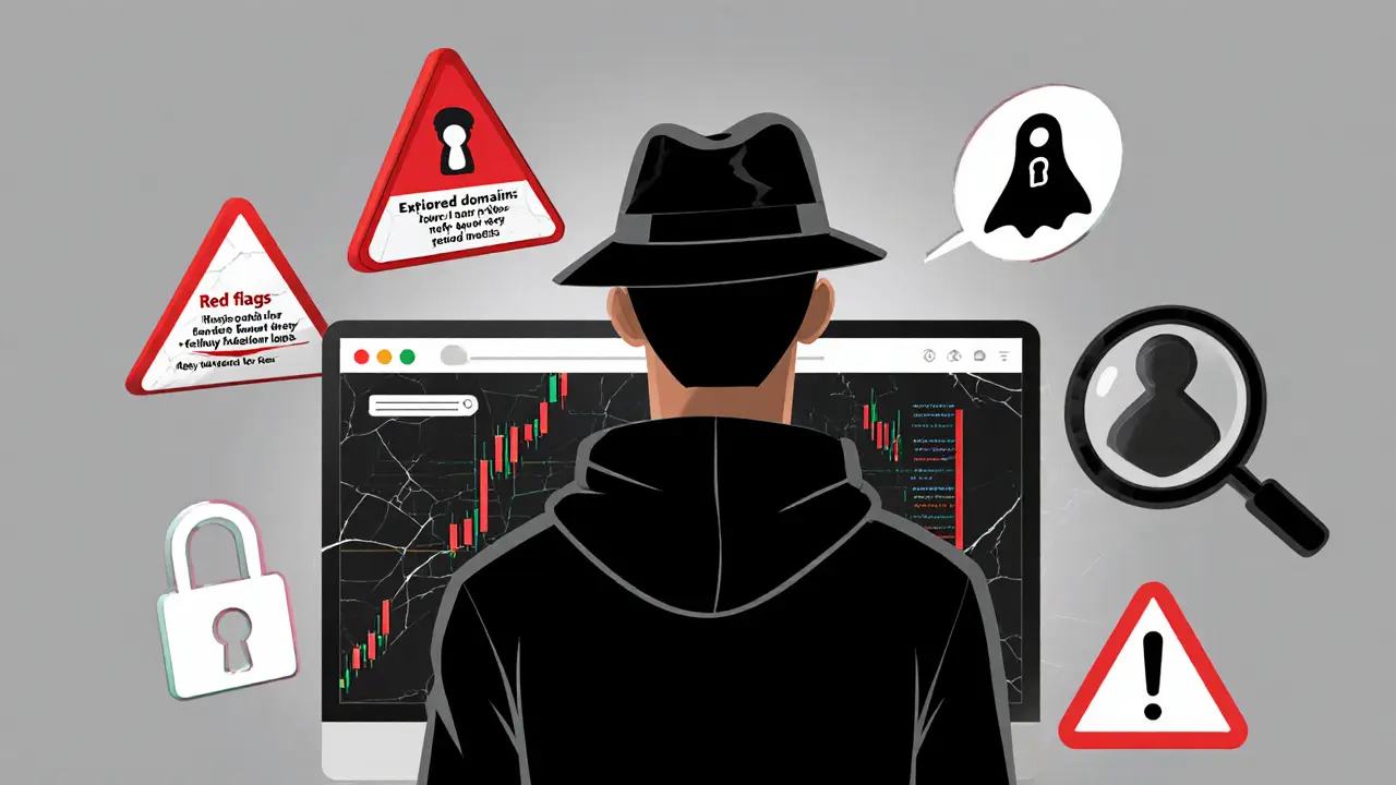 Cartoon detective highlighting expired website and other airdrop red flags.