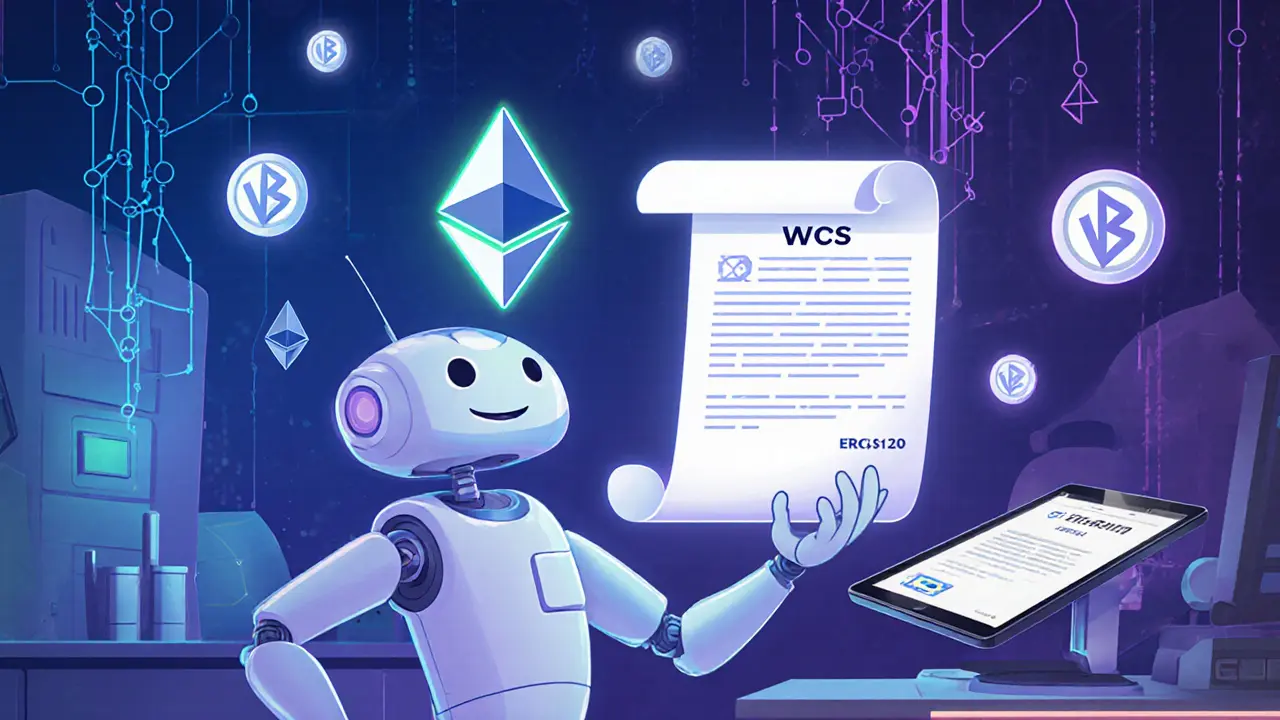 Cartoon robot examining an Ethereum contract and digital wallet.