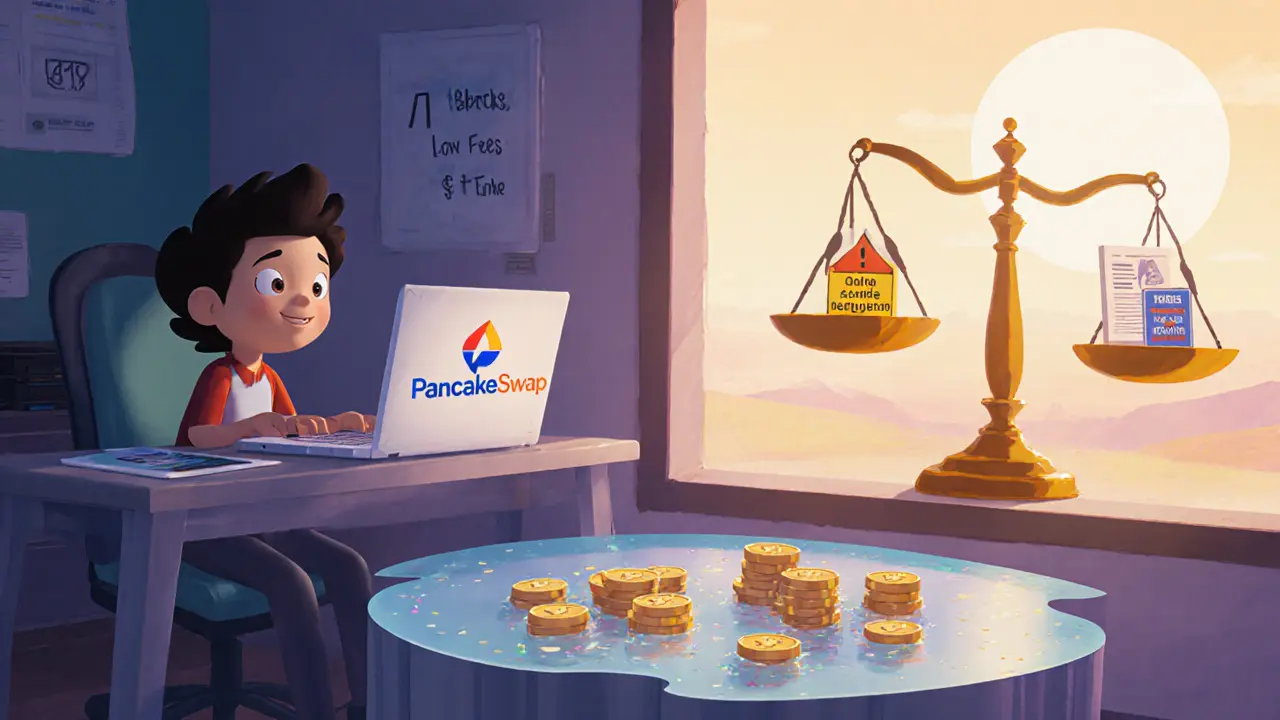 Character reviewing $BRICKS liquidity on PancakeSwap with pros and cons scale.