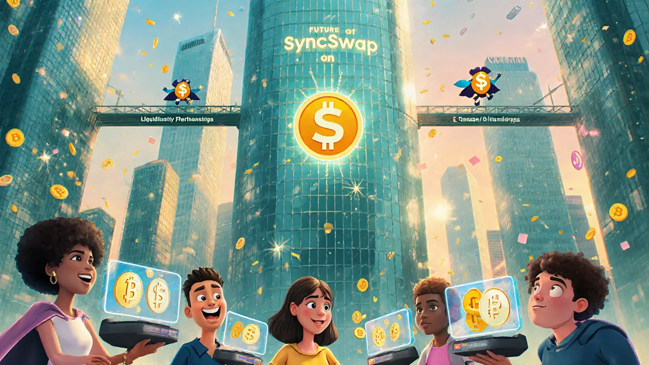 Future SyncSwap city with SYNC mascot, bridges, and happy users swapping tokens.