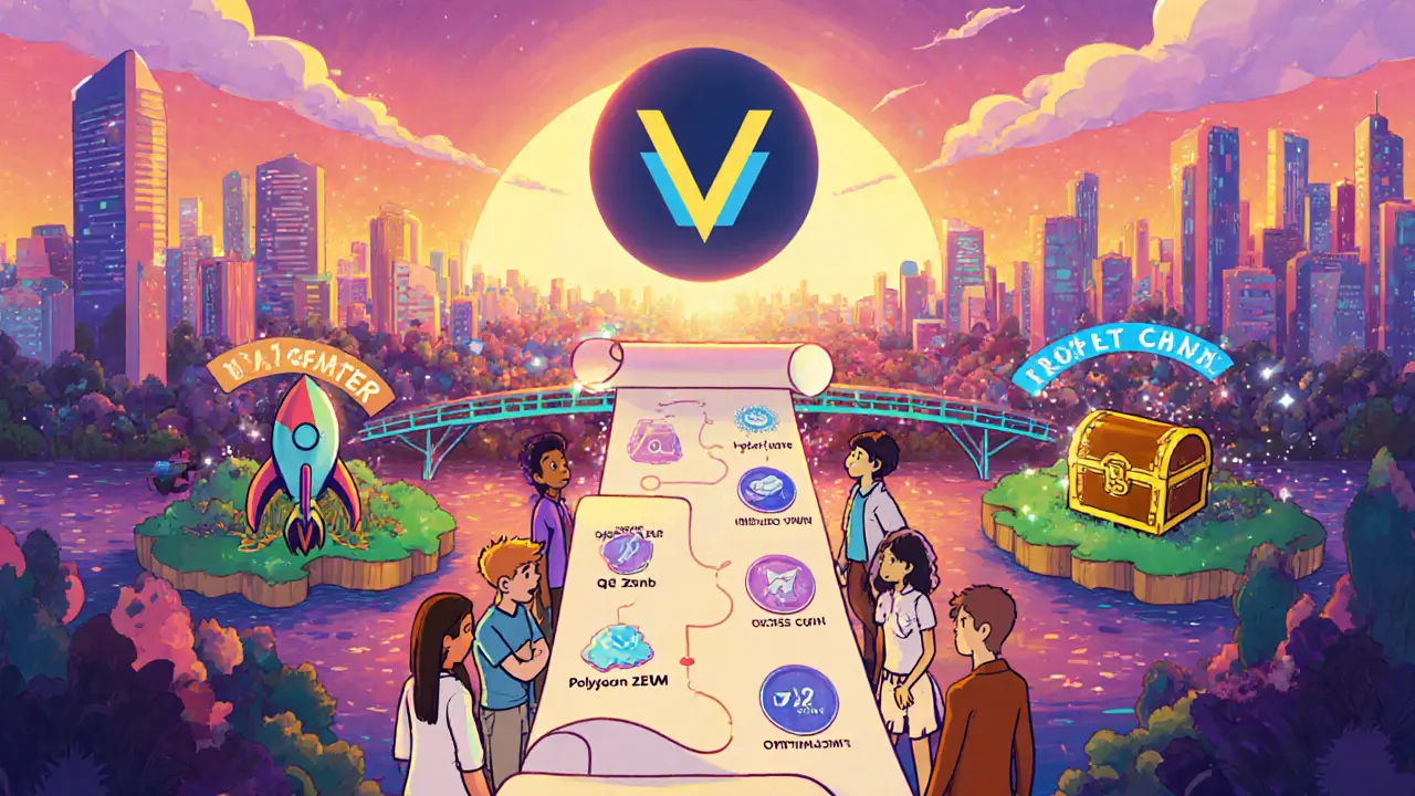 Futuristic cartoon city shows Velocimeter roadmap, cross‑chain bridges, and TVL goal.