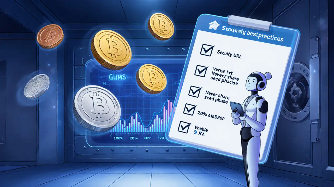 Futuristic vault with floating GLMS tokens and a robo‑assistant displaying a security checklist.