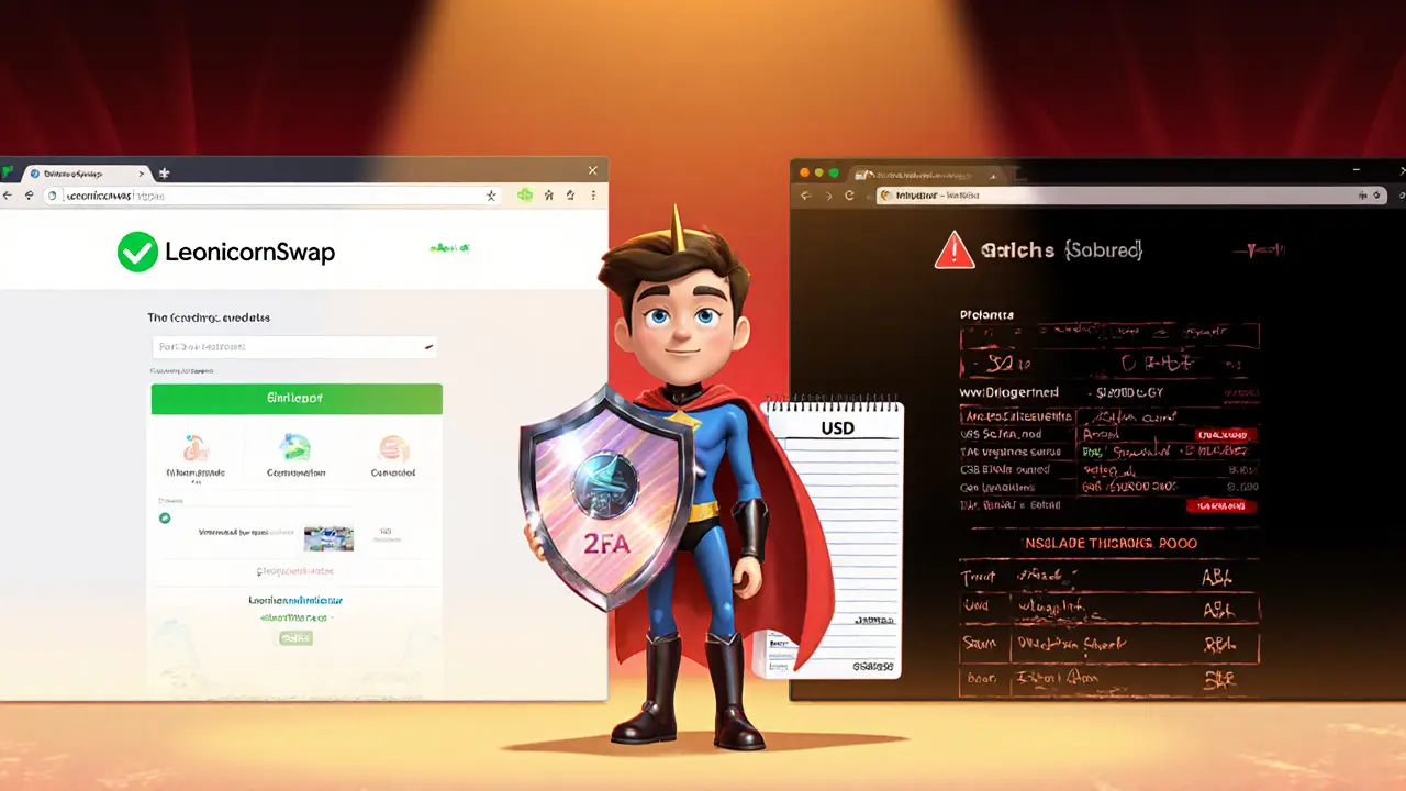 Hero with a 2FA shield and tax ledger stands between a safe site and a phishing site.