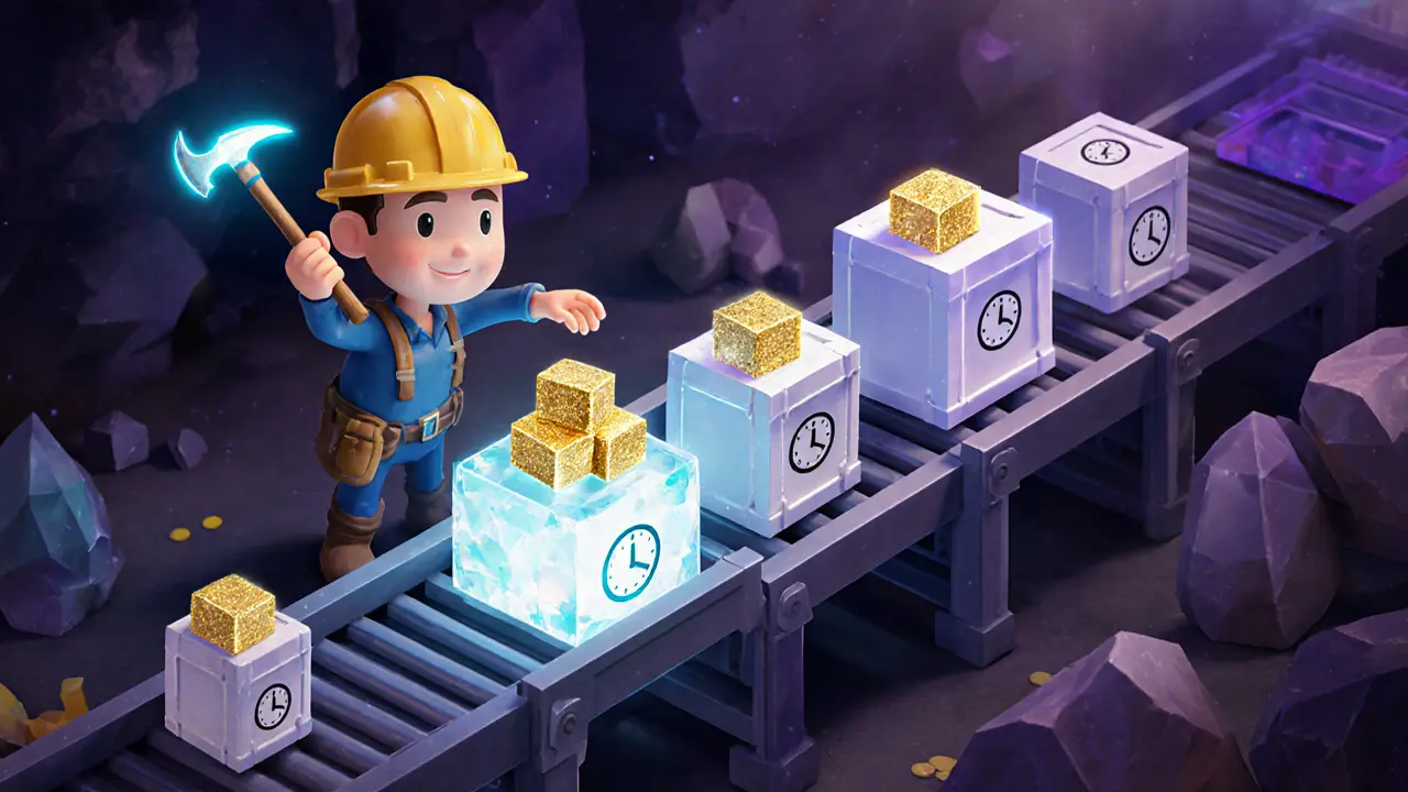 Miner character picking high‑fee transaction boxes onto a glowing block.