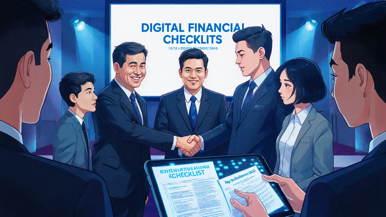 Pixar‑style ceremony showing Bappebti handover to OJK with startup reviewing licensing checklist.