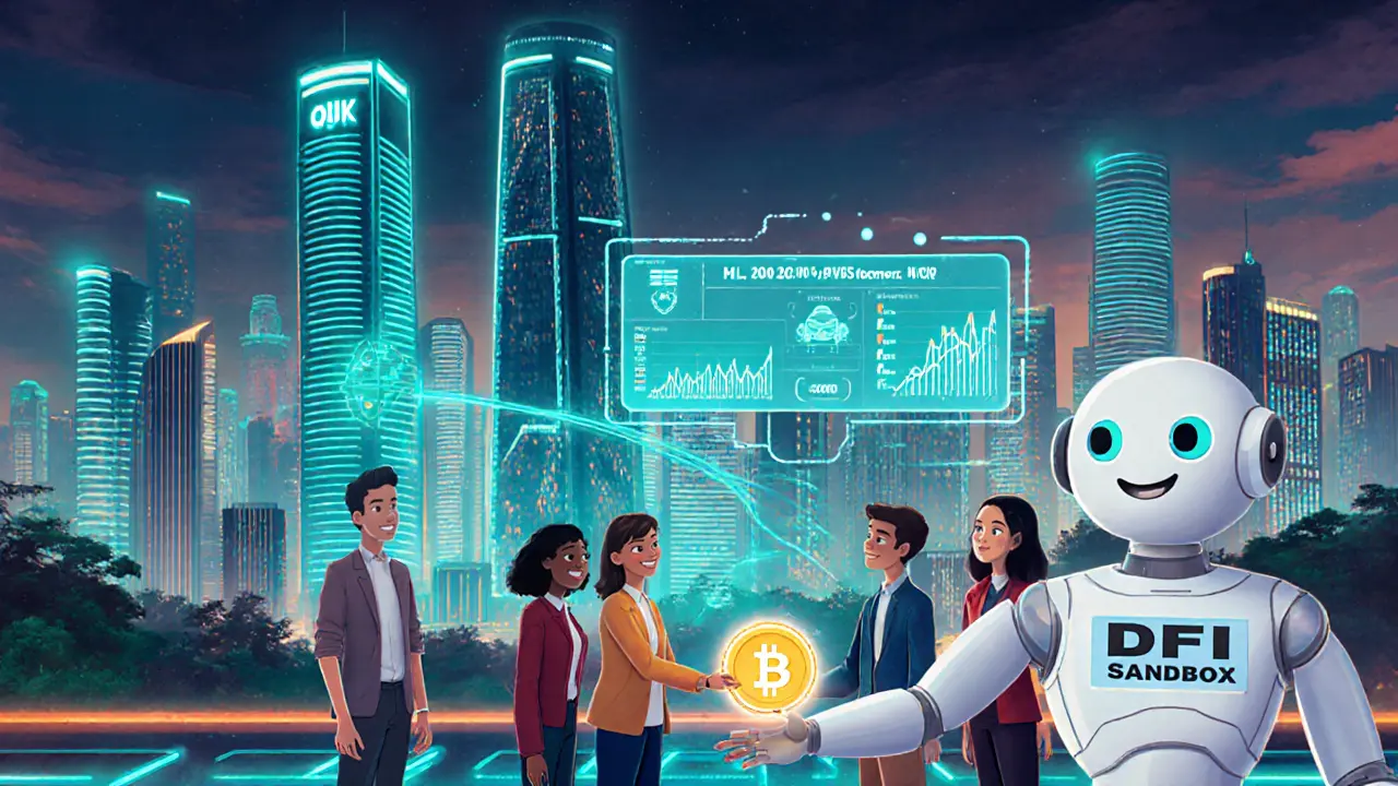 Pixar‑style futuristic fintech hub with OJK and Bank Indonesia towers and compliant startup team.