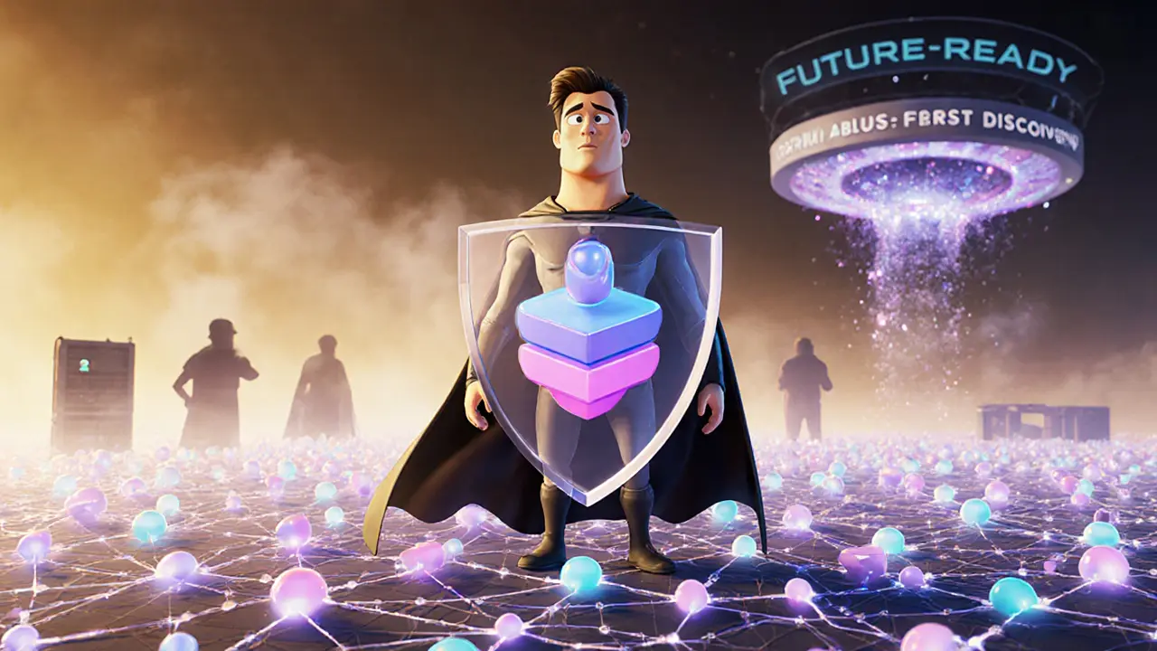 Pixar‑style futuristic node hero with an onion‑layer shield stands on a glowing mesh network.