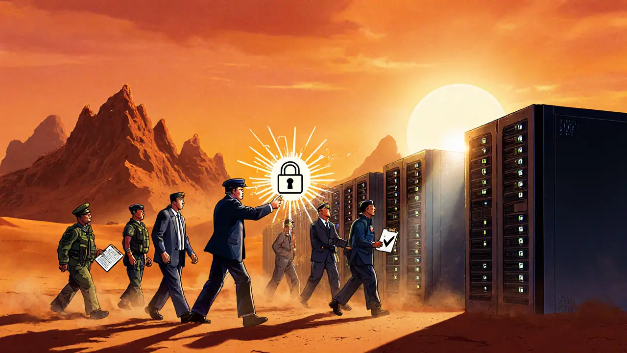 Pixar‑style raid on a desert crypto mining farm with agents seizing equipment.