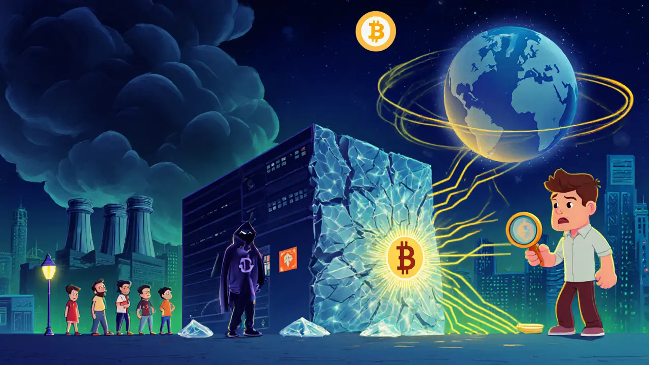 Pixar‑style scene of mining causing blackouts, a hacker breach, and a detective tracing crypto wallets.