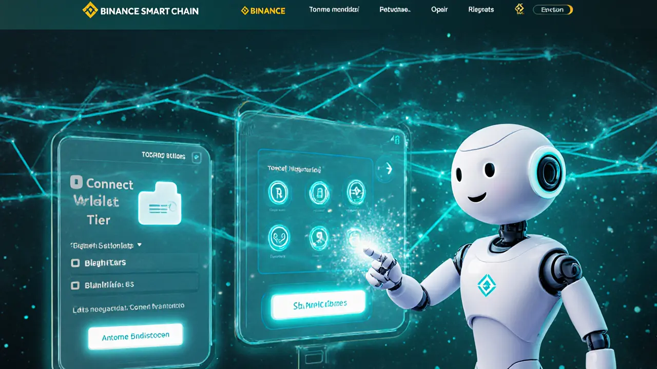 Robot guiding a user through three claim steps on a holographic portal.