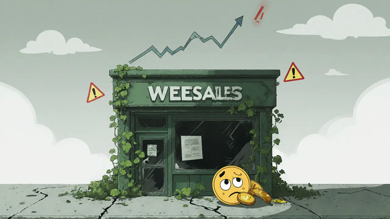 Sad WeeCoin in a deserted storefront with a falling price graph.