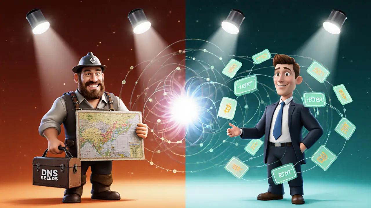 Side‑by‑side Pixar illustration comparing Bitcoin&#039;s DNS seeds with Ethereum&#039;s ENR‑based discv5 network.