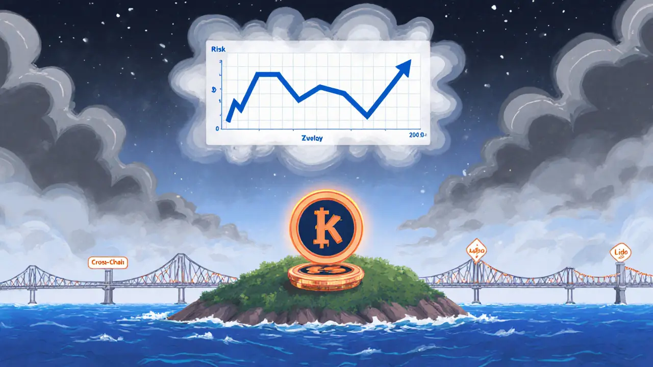 sKLAY token on a small island under storm clouds with a falling price chart and distant cross‑chain bridges.