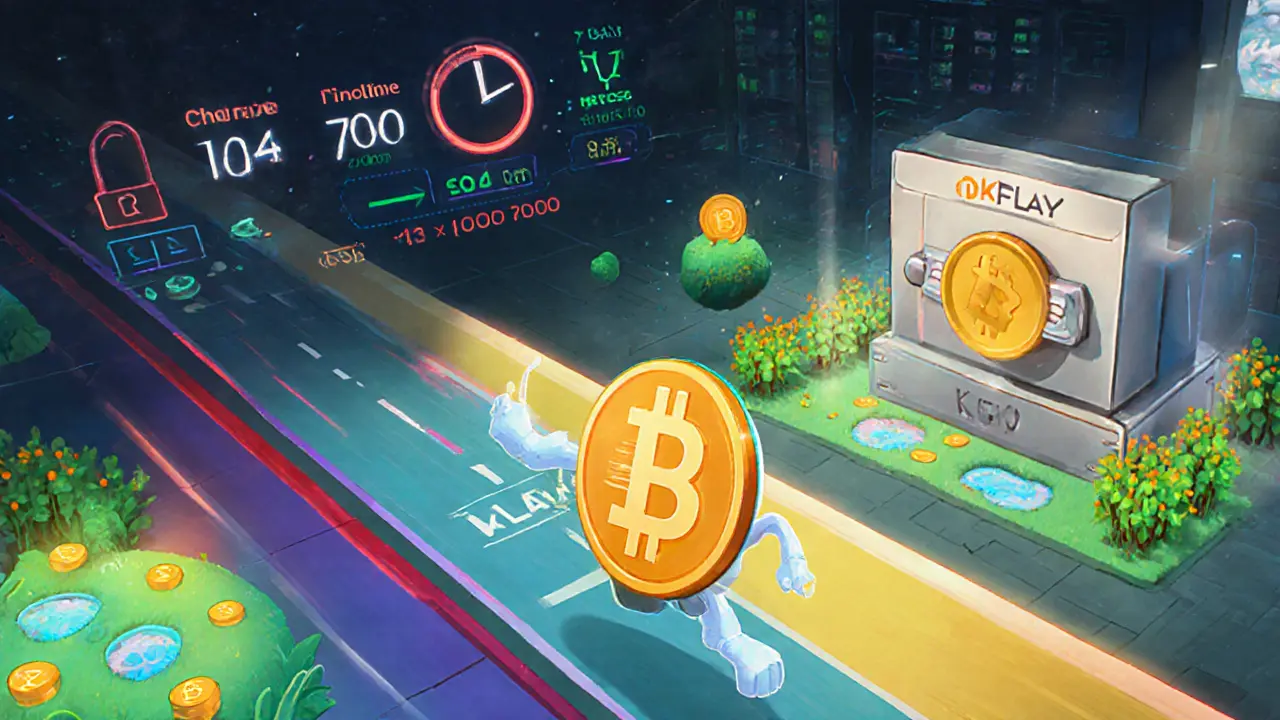 sKLAY token zips across a DeFi highway past a 7‑day timer and thin liquidity trading floor.