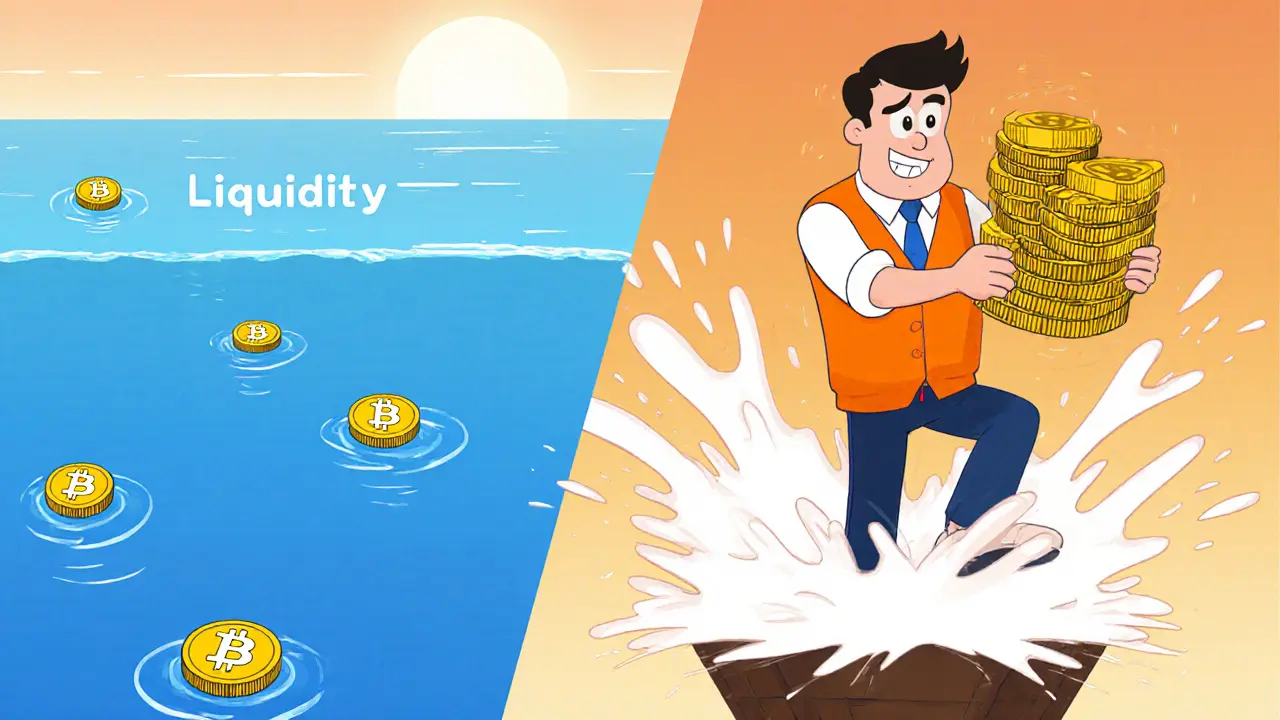 Trader causes splash in shallow liquidity pool, showing slippage risk.