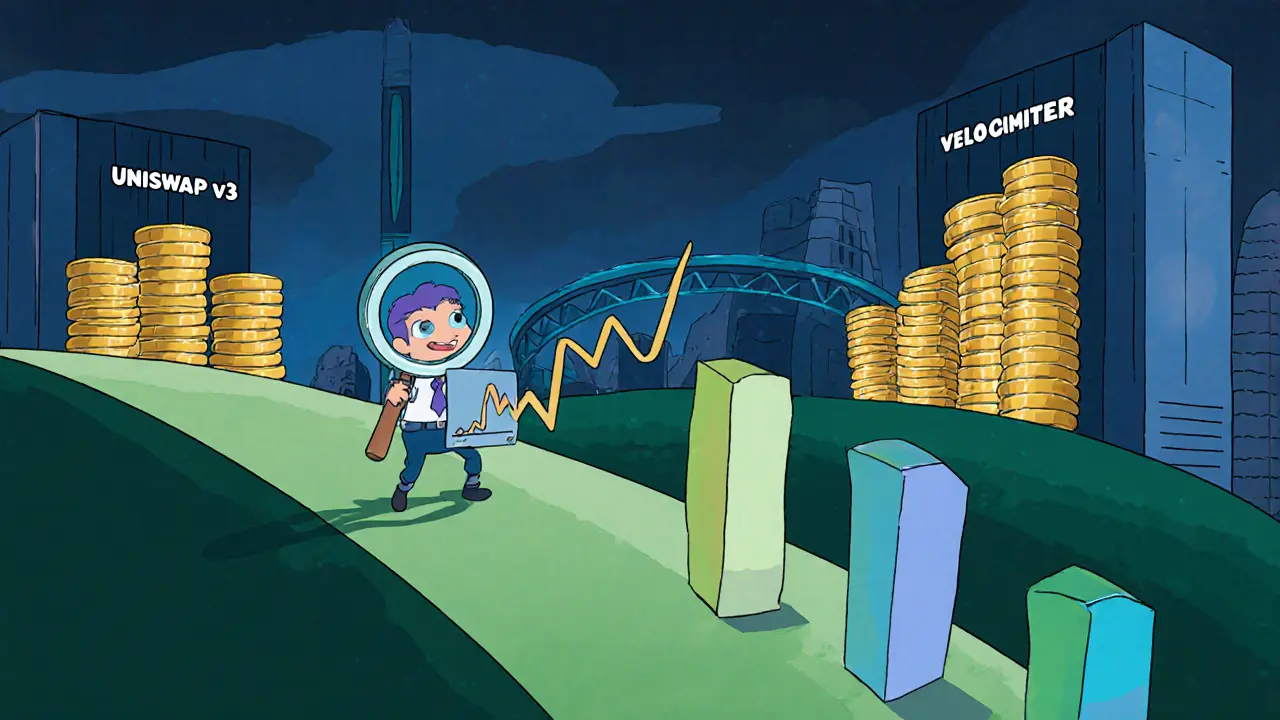 Whimsical trader watches high slippage on a tiny liquidity pool beside larger DEX towers.
