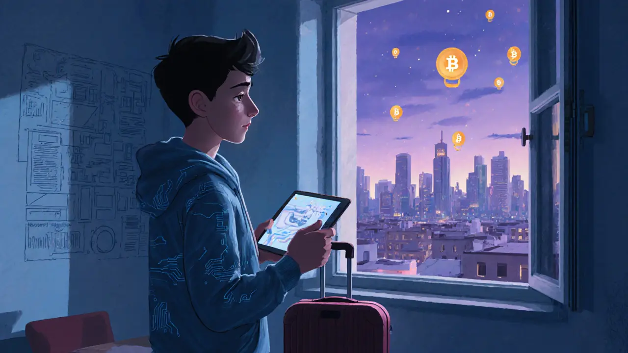Young Algerian developer packing to leave, digital crypto symbols drifting away.