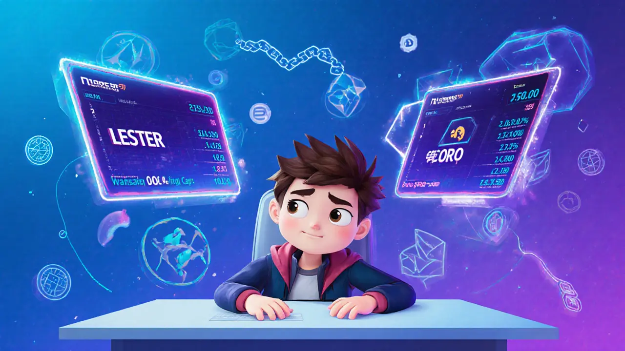 A character looks at two holographic screens showing conflicting LESTER market data.