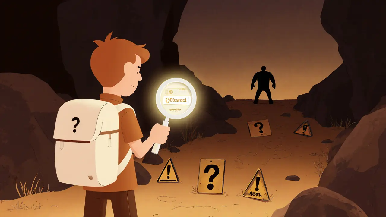 An explorer examines a contract address with a magnifying glass, facing warning symbols.