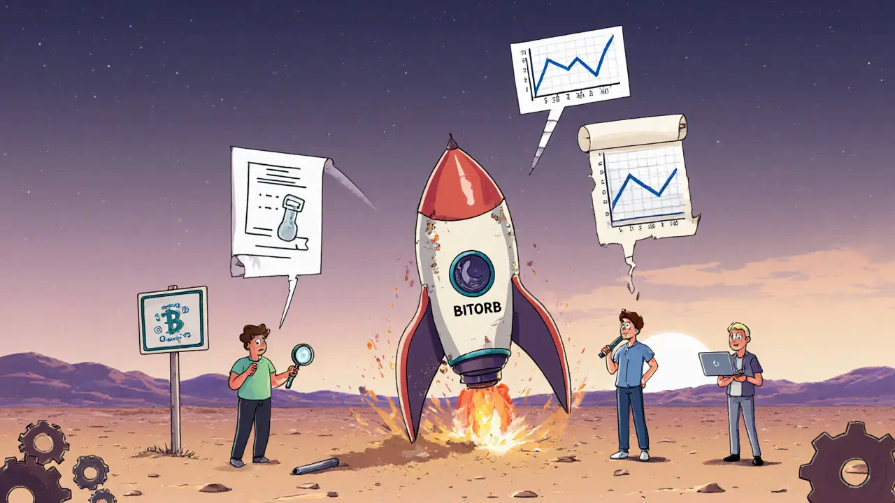 A dented BITORB rocket lands in a desert with investors discussing lessons learned.