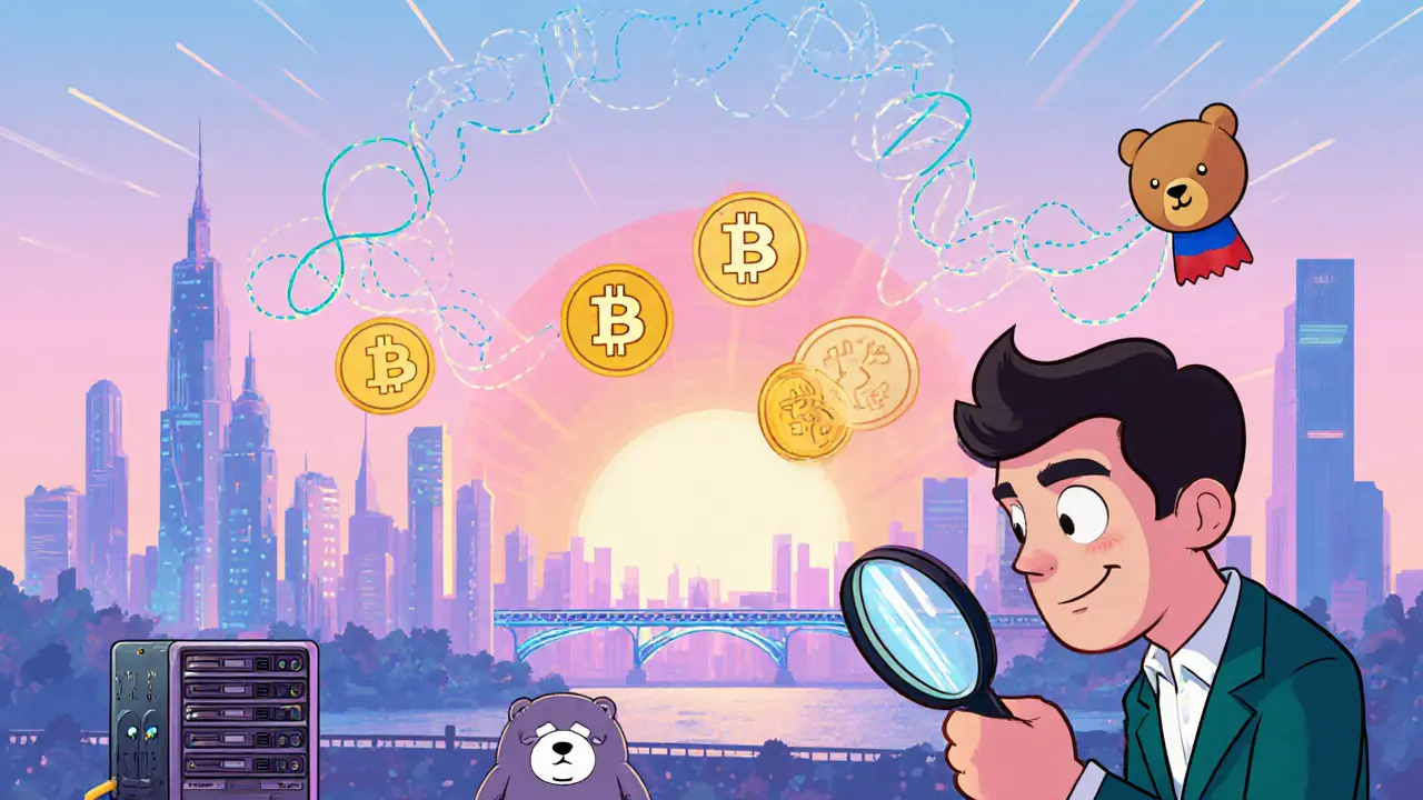 Analyst examines Bitcoin and digital Rial as sunrise lights a futuristic Tehran with a data bridge to Russia.