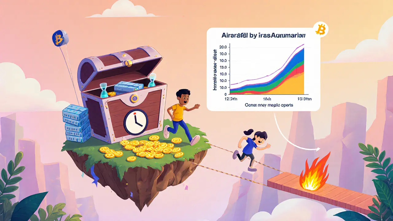 Animated avatars claim airdrop tokens from a magical portal while a timer counts down.