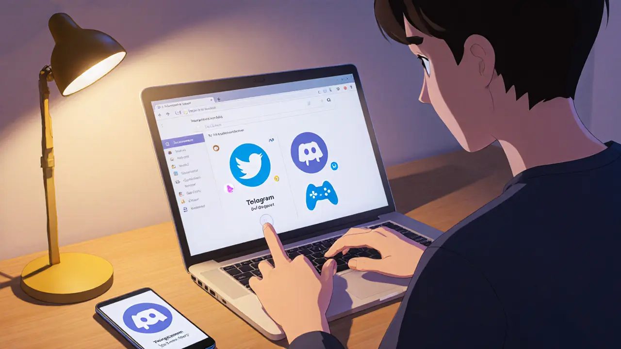 Animated user completing retweet, Telegram, Discord steps on a laptop.